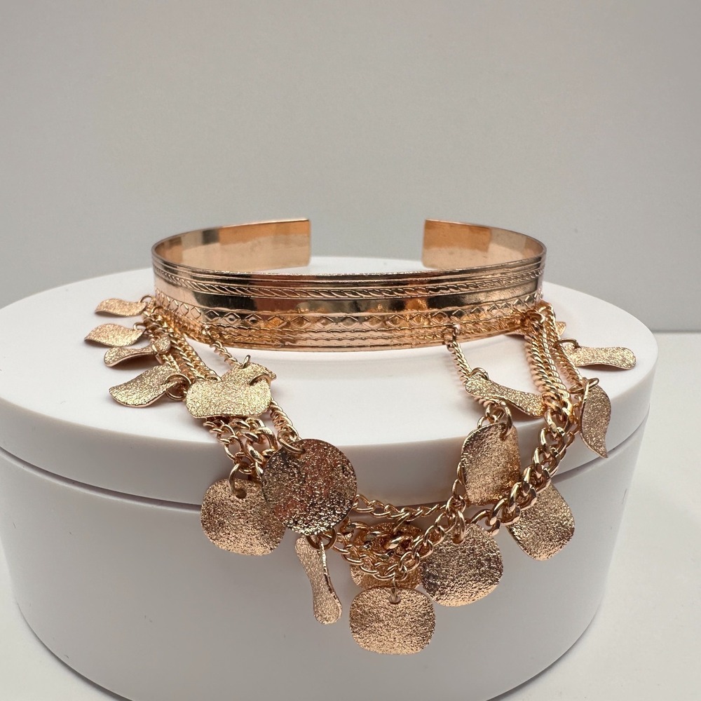 Vintage 90s Gold Tone Boho Cuff Bracelet with Coin Charms & Etched Design